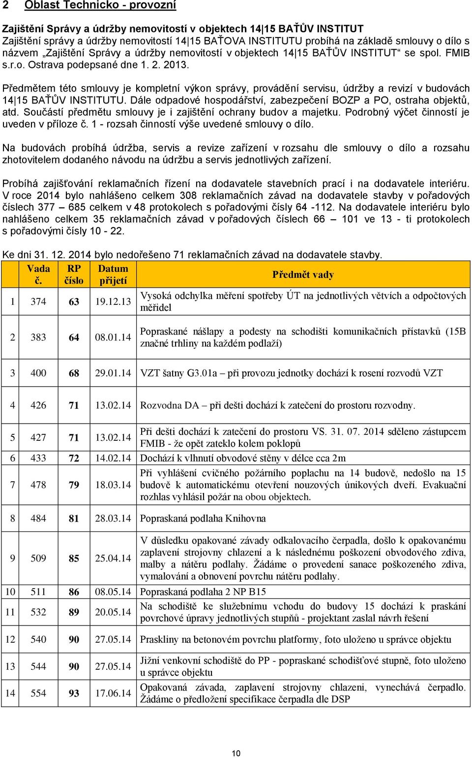 Předmětem této smlouvy je kompletní výkon správy, provádění servisu, údržby a revizí v budovách 14 15 BAŤŮV INSTITUTU. Dále odpadové hospodářství, zabezpečení BOZP a PO, ostraha objektů, atd.
