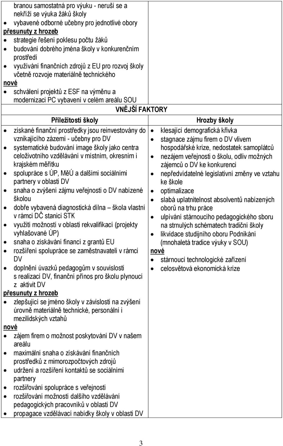 VNĚJŠÍ FAKTORY Příležitosti školy získané finanční prostředky jsou reinvestovány do vznikajícího zázemí - učebny pro DV systematické budování image školy jako centra celoživotního vzdělávání v
