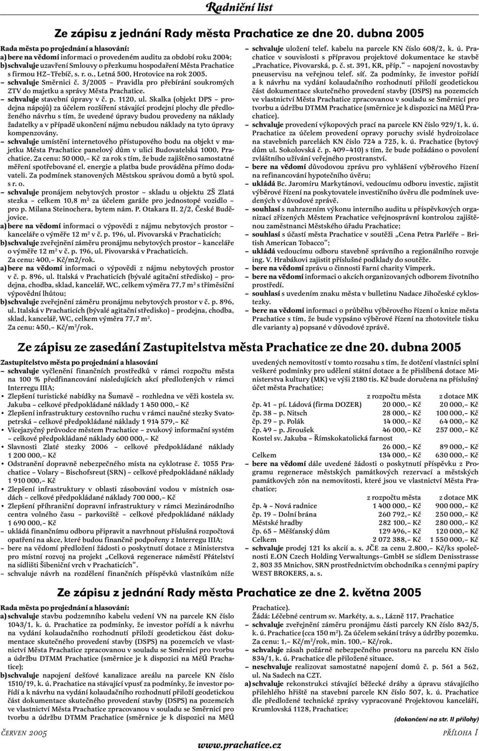 Třebíč, s. r. o., Letná 500, Hrotovice na rok 2005. schvaluje Směrnici č. 3/2005 Pravidla pro přebírání soukromých ZTV do majetku a správy Města Prachatice. schvaluje stavební úpravy v č. p. 1120, ul.