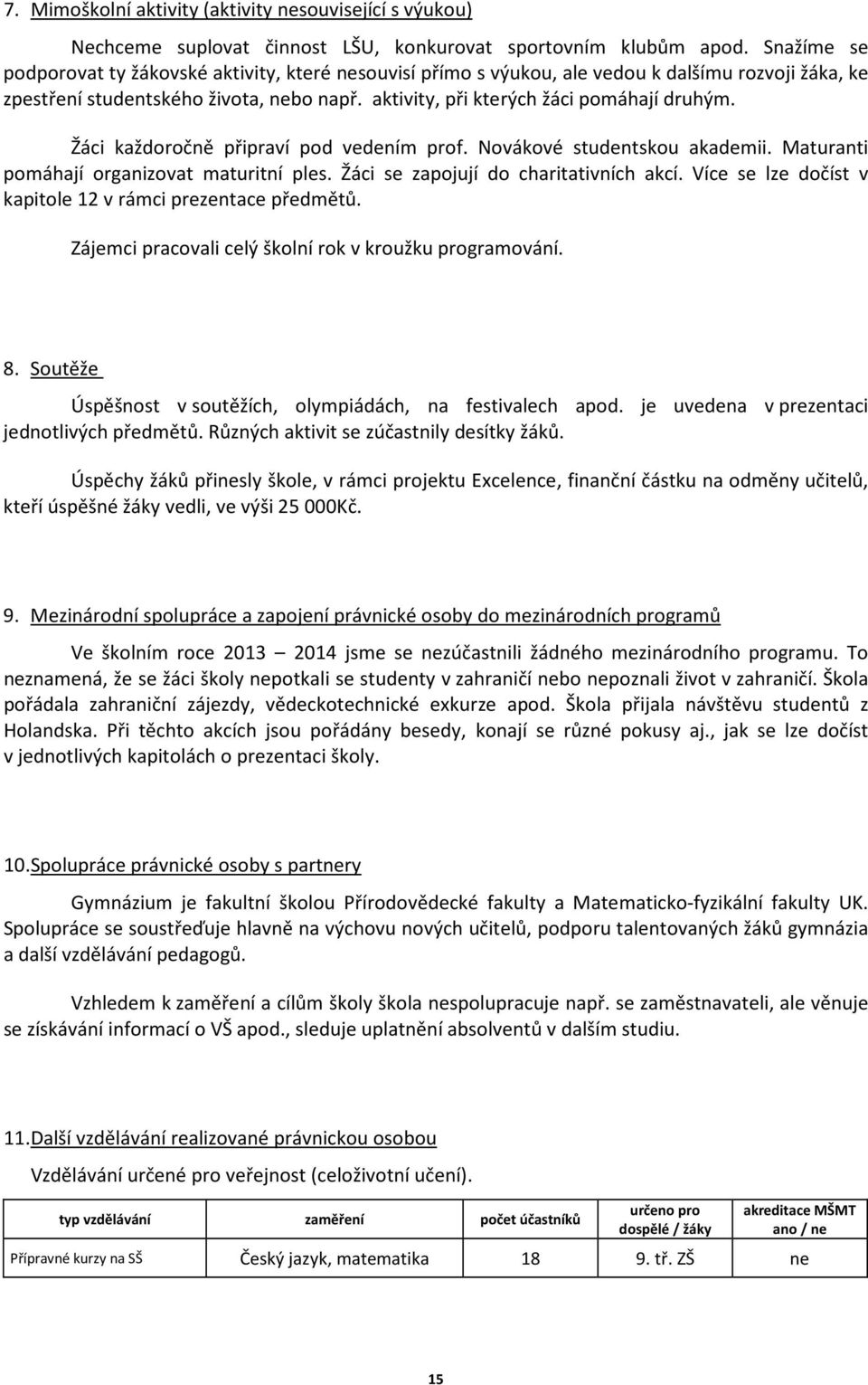 Žáci každoročně připraví pod vedením prof. Novákové studentskou akademii. Maturanti pomáhají organizovat maturitní ples. Žáci se zapojují do charitativních akcí.