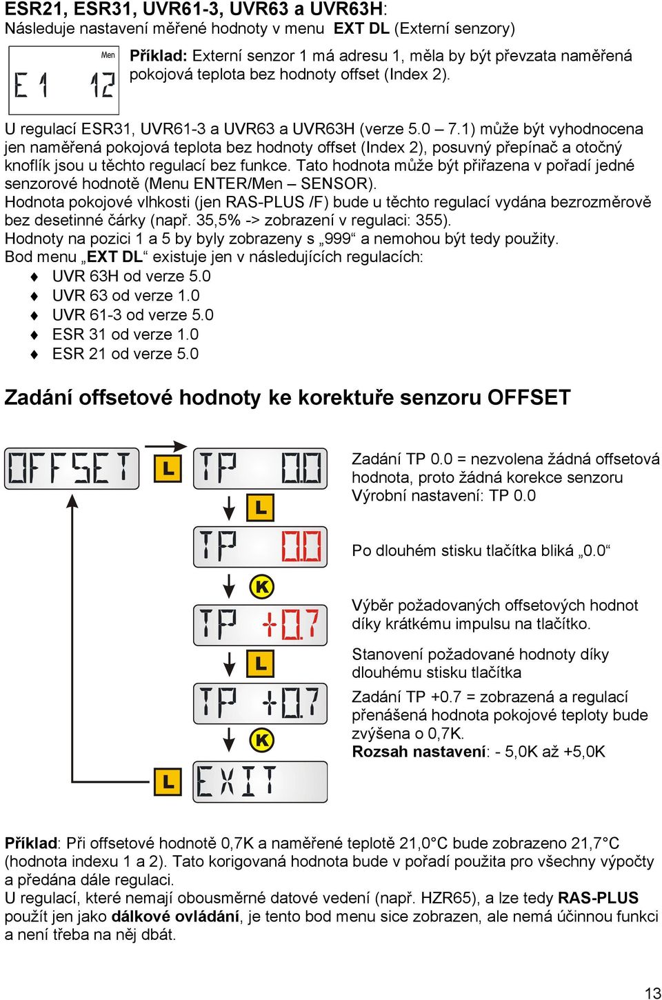 1) může být vyhodnocena jen naměřená pokojová teplota bez hodnoty offset (Index 2), posuvný přepínač a otočný knoflík jsou u těchto regulací bez funkce.