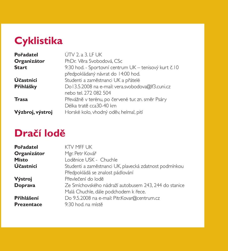 směr Psáry Délka tratě cca30-40 km Výzbroj, výstroj Horské kolo, vhodný oděv, helma!, pití Dračí lodě Organizátor Účastníci Výstroj Doprava Přihlášení Prezentace KTV MFF UK Mgr.