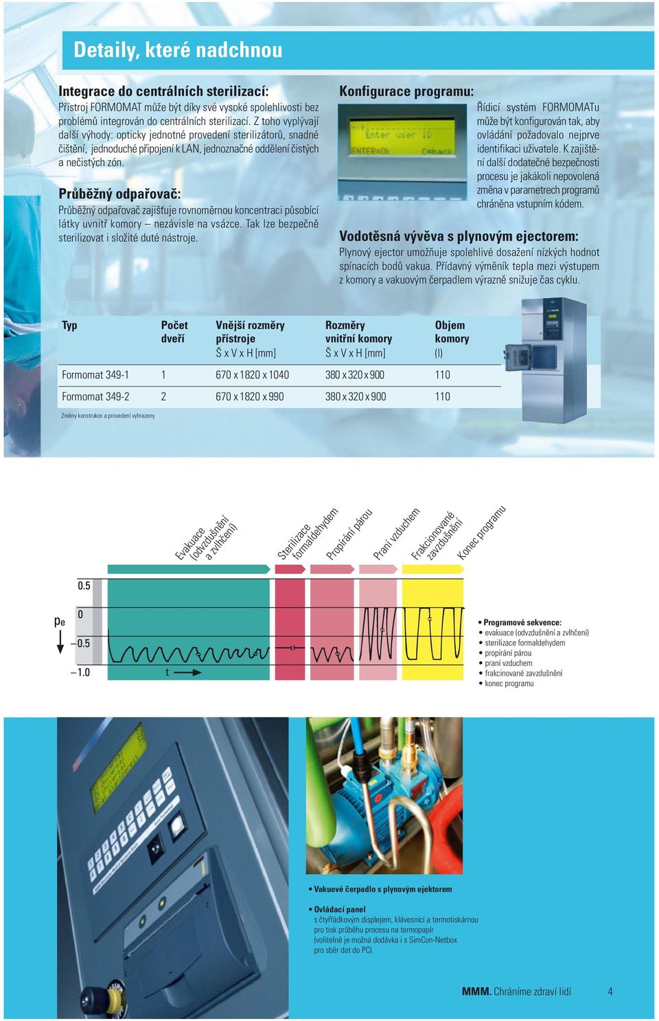 Průběžný odpařovač: Průběžný odpařovač zajišťuje rovnoměrnou koncentraci působící látky uvnitř komory nezávisle na vsázce. Tak lze bezpečně sterilizovat i složité duté nástroje.