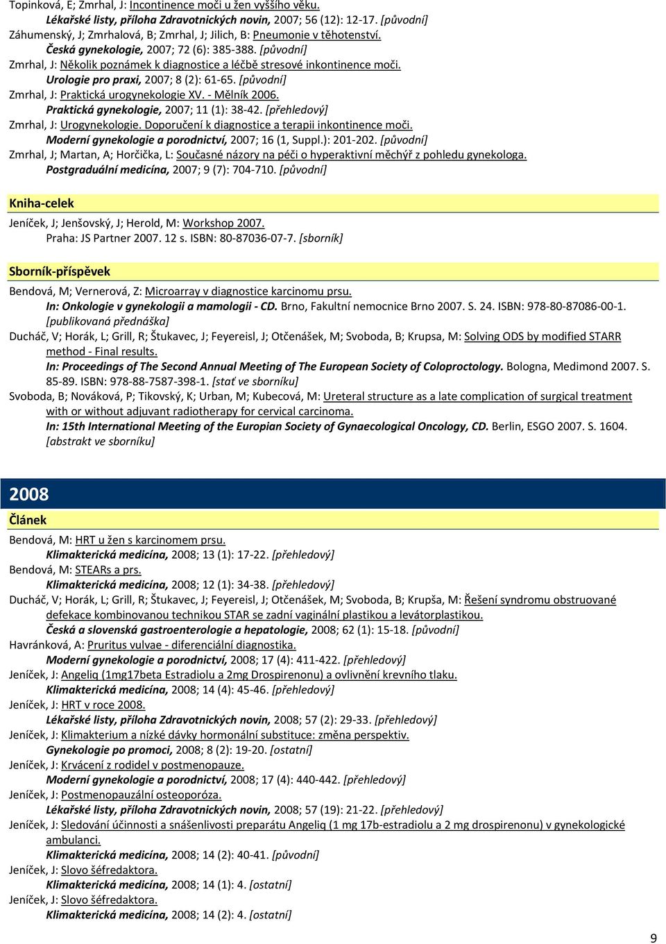 [původní] Zmrhal, J: Několik poznámek k diagnostice a léčbě stresové inkontinence moči. Urologie pro praxi, 2007; 8 (2): 61 65. [původní] Zmrhal, J: Praktická urogynekologie XV. Mělník 2006.