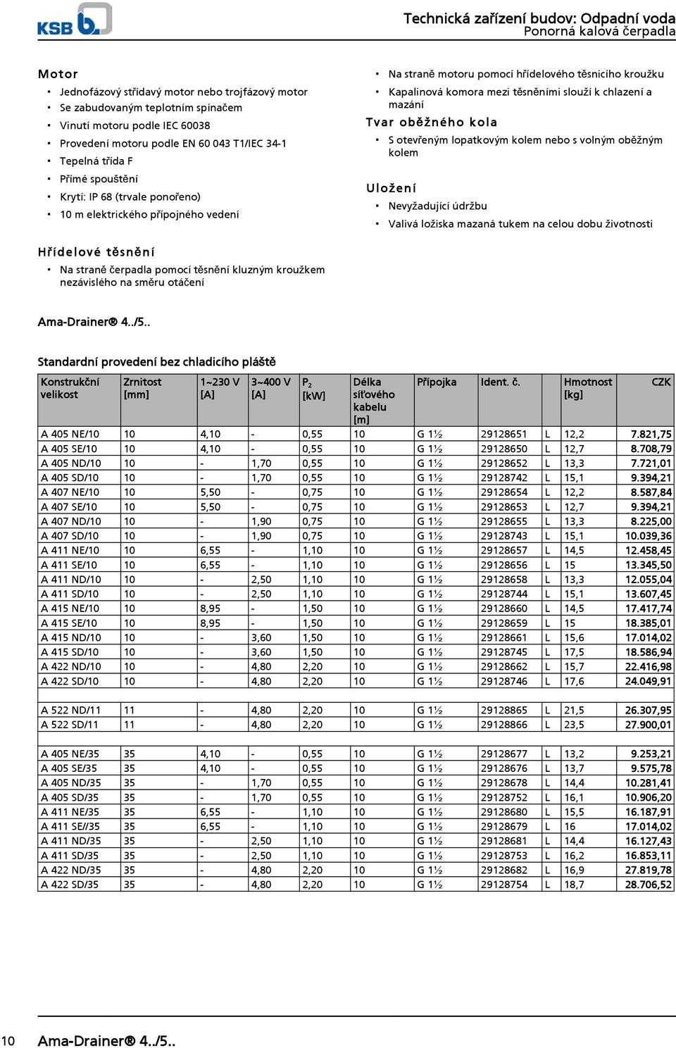 otevřeným lopatkovým kolem nebo s volným oběžným kolem Ulož ení Nevyžadující údržbu Valivá ložiska mazaná tukem na celou dobu životnosti H řídelové těsněn í Na straně čerpadla pomocí těsnění kluzným