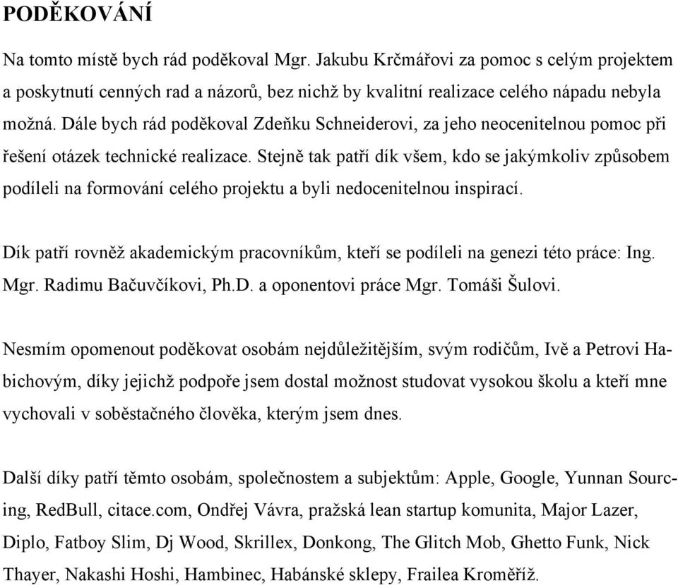 Stejně tak patří dík všem, kdo se jakýmkoliv způsobem podíleli na formování celého projektu a byli nedocenitelnou inspirací.