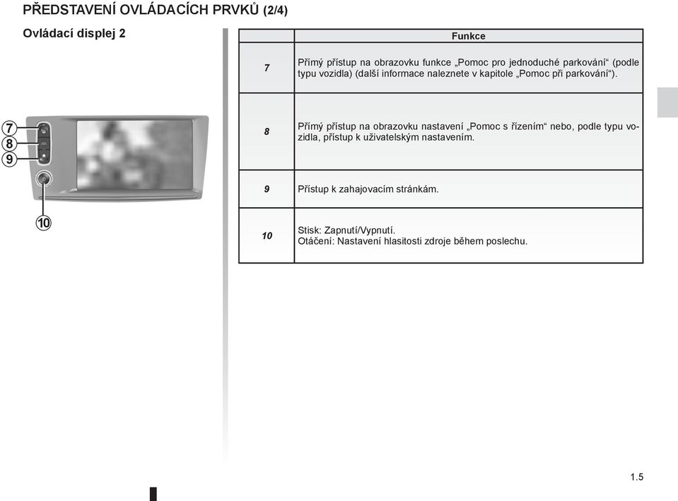 7 8 9 8 Přímý přístup na obrazovku nastavení Pomoc s řízením nebo, podle typu vozidla, přístup k uživatelským