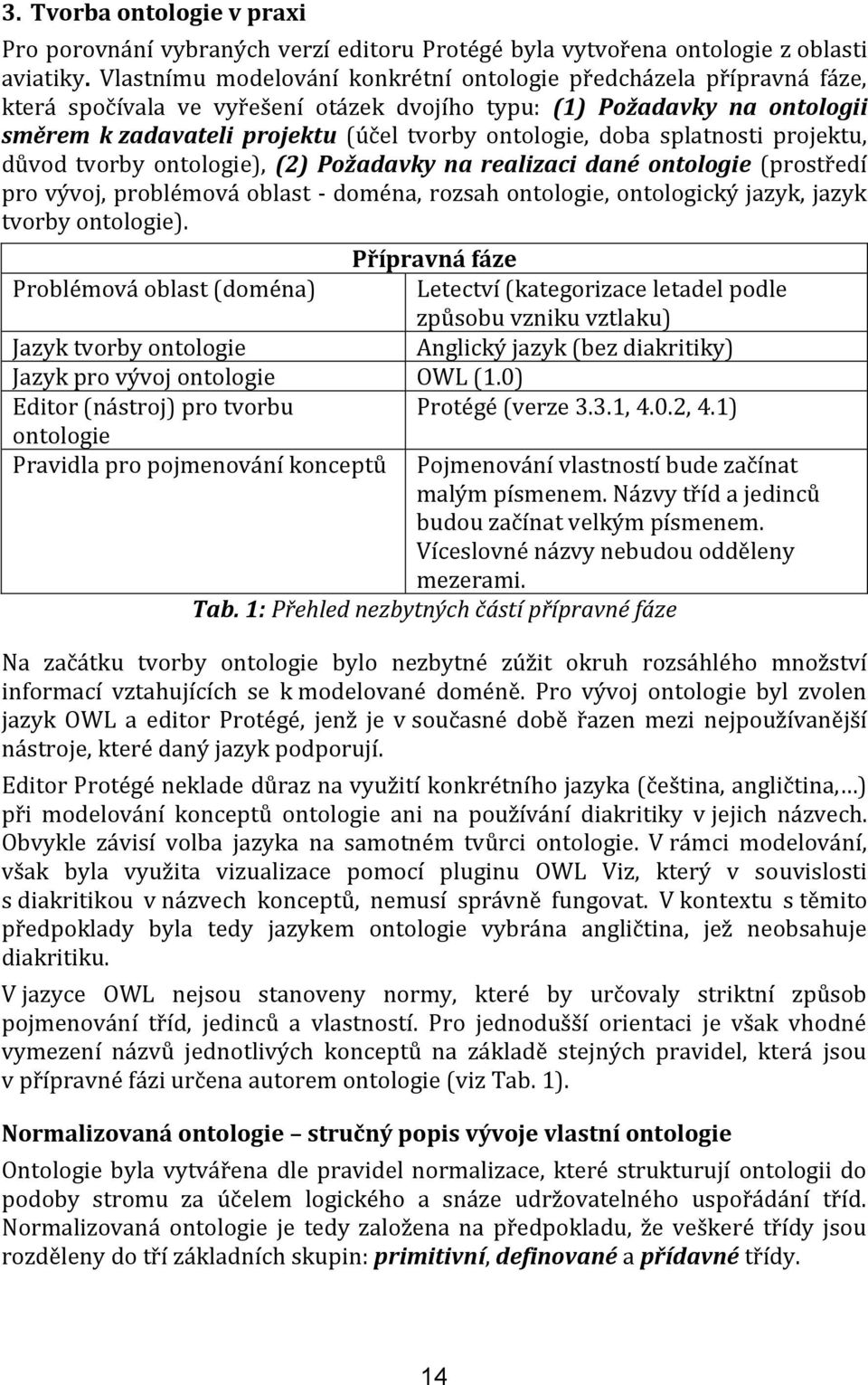 doba splatnosti projektu, důvod tvorby ontologie), (2) Požadavky na realizaci dané ontologie (prostředí pro vývoj, problémová oblast - doména, rozsah ontologie, ontologický jazyk, jazyk tvorby