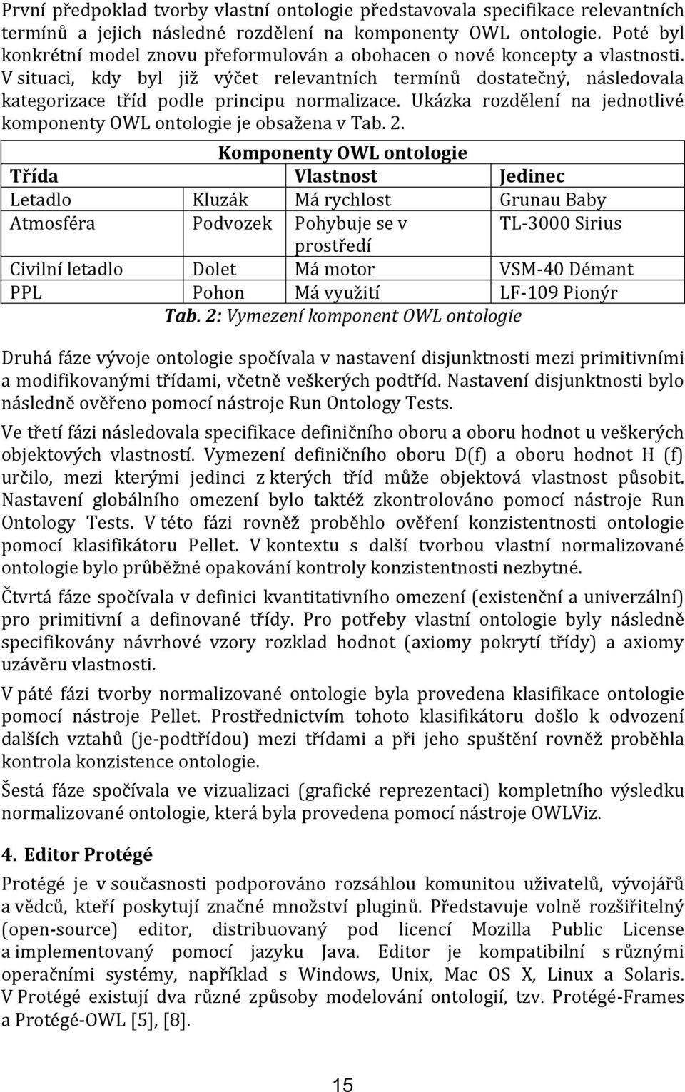 V situaci, kdy byl již výčet relevantních termínů dostatečný, následovala kategorizace tříd podle principu normalizace. Ukázka rozdělení na jednotlivé komponenty OWL ontologie je obsažena v Tab. 2.