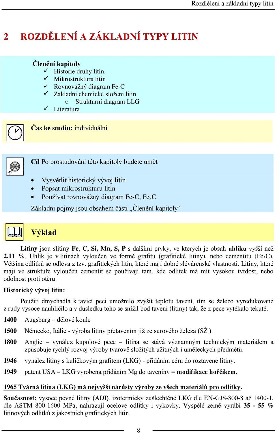 historický vývoj litin Popsat mikrostrukturu litin Používat rovnovážný diagram Fe-C, Fe 3 C Základní pojmy jsou obsahem části Členění kapitoly Výklad Litiny jsou slitiny Fe, C, Si, Mn, S, P s dalšími