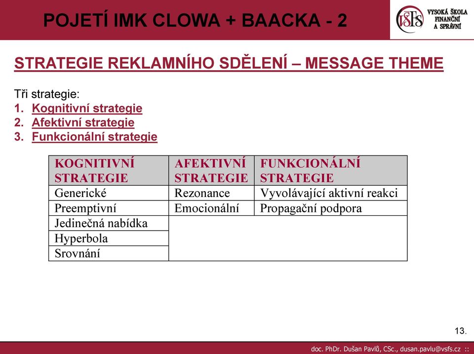 Funkcionální strategie KOGNITIVNÍ STRATEGIE AFEKTIVNÍ STRATEGIE FUNKCIONÁLNÍ