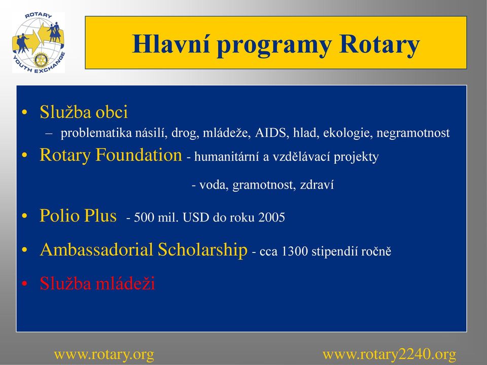 vzdělávací projekty - voda, gramotnost, zdraví Polio Plus - 500 mil.