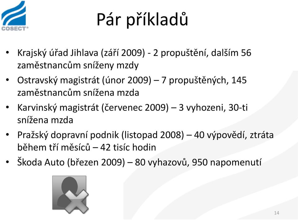(červenec 2009) 3 vyhozeni, 30-ti snížena mzda Pražský dopravní podnik (listopad 2008) 40