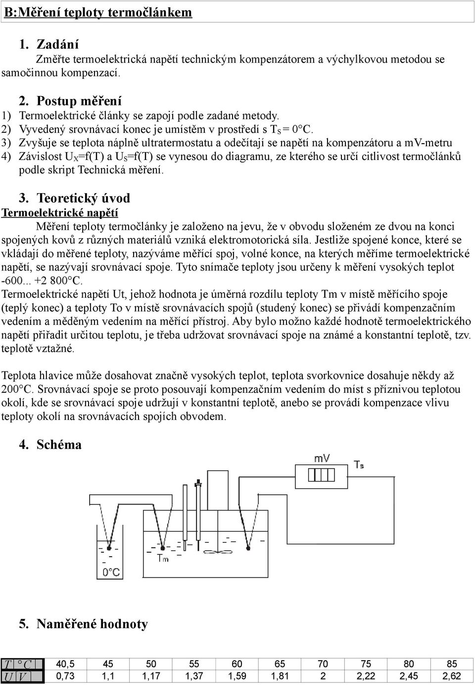 3) Zvyšuje se teplota náplně ultratermostatu a odečítají se napětí na kompenzátoru a mv-metru 4) Závislost U X =f(t) a U S =f(t) se vynesou do diagramu, ze kterého se určí citlivost termočlánků podle