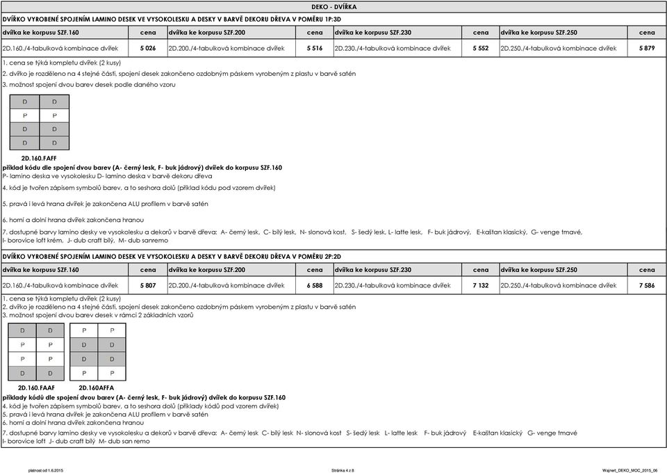 možnost spojení dvou barev desek podle daného vzoru 2D.160.FAFF příklad kódu dle spojení dvou barev (A- černý lesk, F- buk jádrový) dvířek do korpusu SZF.