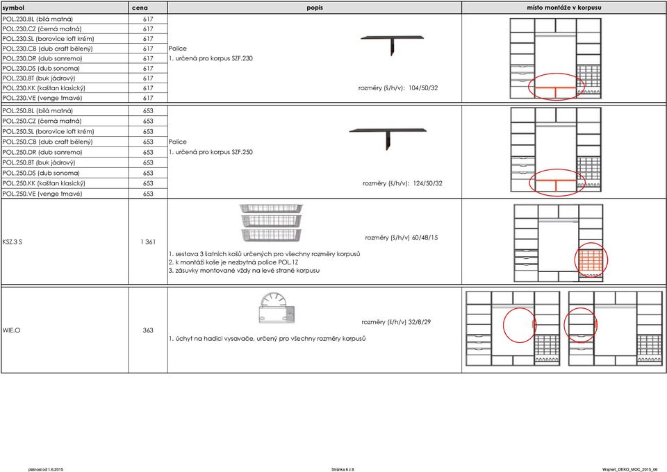BL (bílá matná) 653 POL.250.CZ (černá matná) 653 POL.250.SL (borovice loft krém) 653 POL.250.CB (dub craft bělený) 653 Police POL.250.DR (dub sanremo) 653 1. určená pro korpus SZF.250 POL.250.BT (buk jádrový) 653 POL.