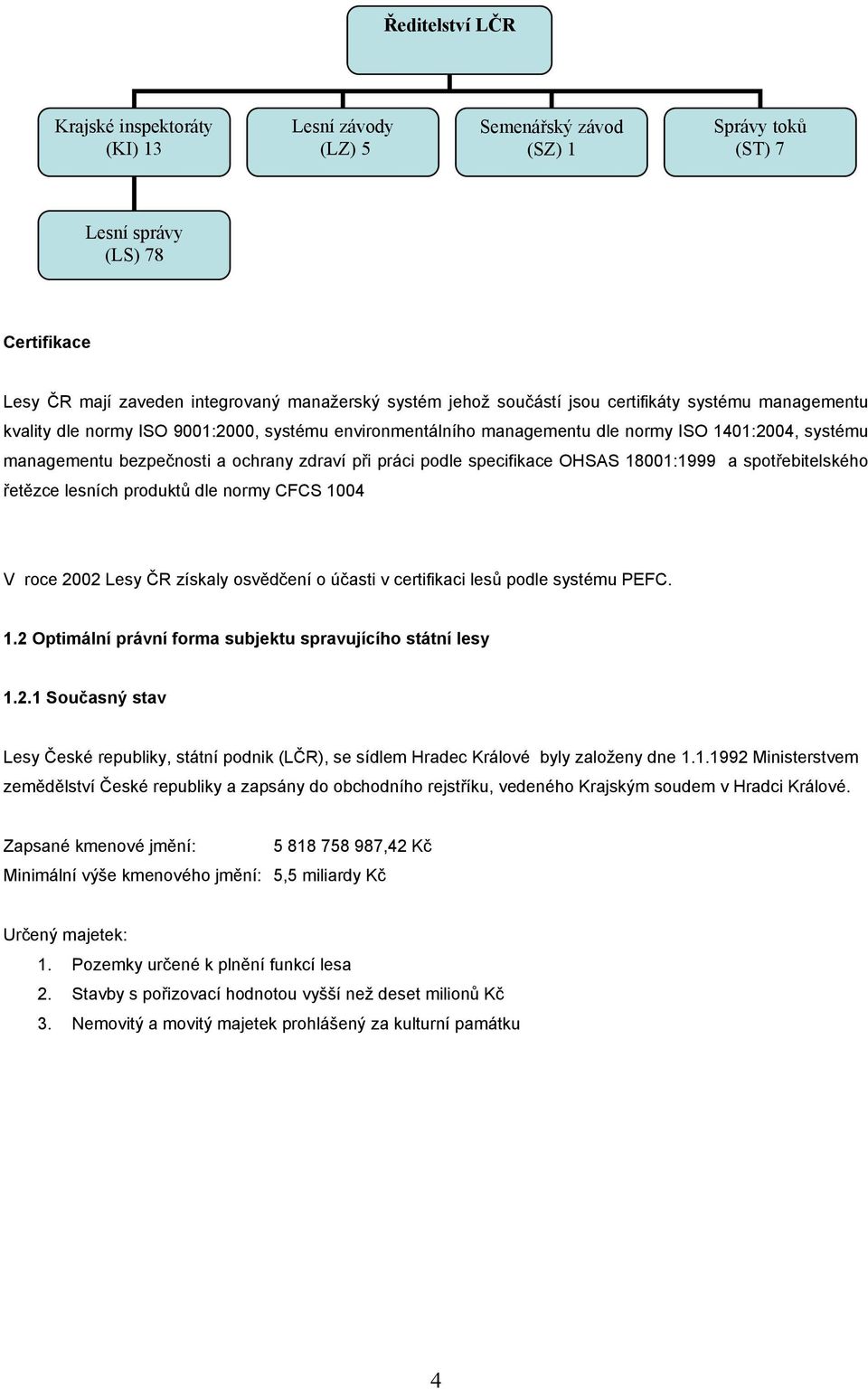 práci podle specifikace OHSAS 18001:1999 a spotřebitelského řetězce lesních produktů dle normy CFCS 1004 V roce 2002 Lesy ČR získaly osvědčení o účasti v certifikaci lesů podle systému PEFC. 1.2 Optimální právní forma subjektu spravujícího státní lesy 1.