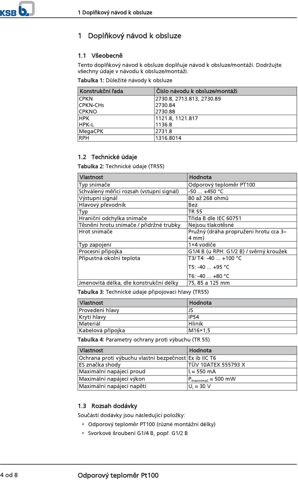 8 RPH 1316.8014 1.2 Technické údaje Tabulka 2: Technické údaje (TR55) Vlastnost Hodnota Typ snímače Odporový teploměr PT100 Schválený měřicí rozsah (vstupní signál) -50.