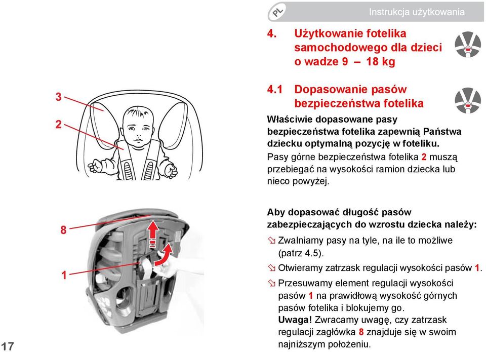 Pasy górne bezpieczeństwa fotelika 2 muszą przebiegać na wysokości ramion dziecka lub nieco powyżej.