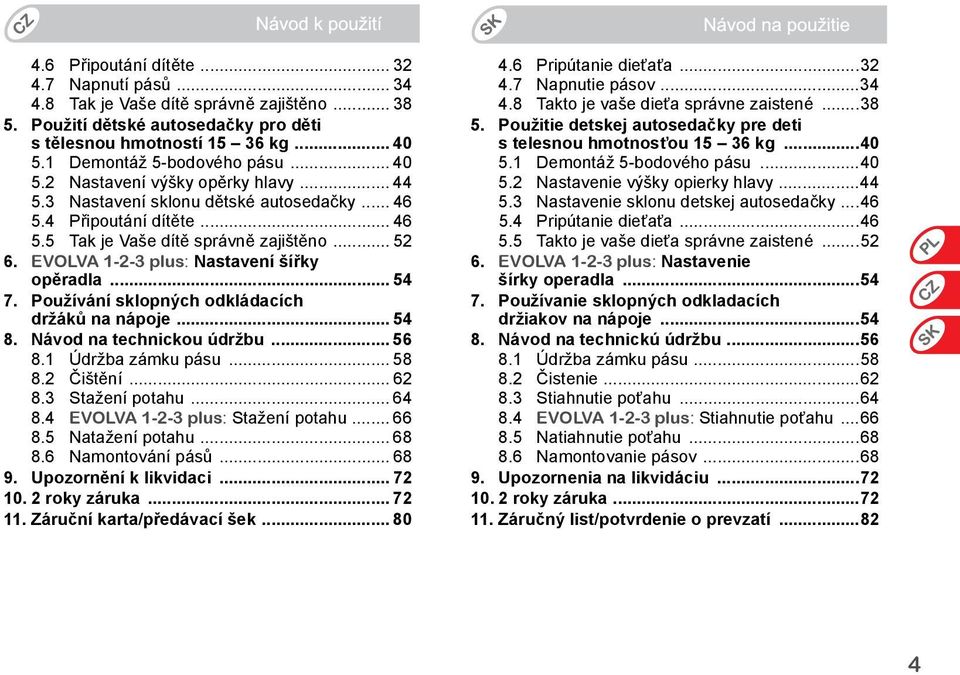 EVOLVA 1-2-3 plus: Nastavení šířky opěradla... 54 7. Používání sklopných odkládacích držáků na nápoje... 54 8. Návod na technickou údržbu... 56 8.1 Údržba zámku pásu... 58 8.2 Čištění... 62 8.