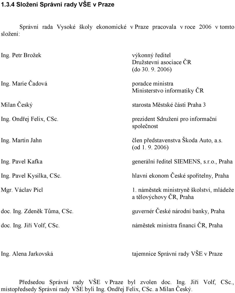 Václav Pícl doc. Ing. Zdeněk Tůma, CSc. doc. Ing. Jiří Volf, CSc. prezident Sdružení pro informační společnost člen představenstva Škoda Auto, a.s. (od 1. 9. 2006) generální ředitel SIEMENS, s.r.o., Praha hlavní ekonom České spořitelny, Praha 1.