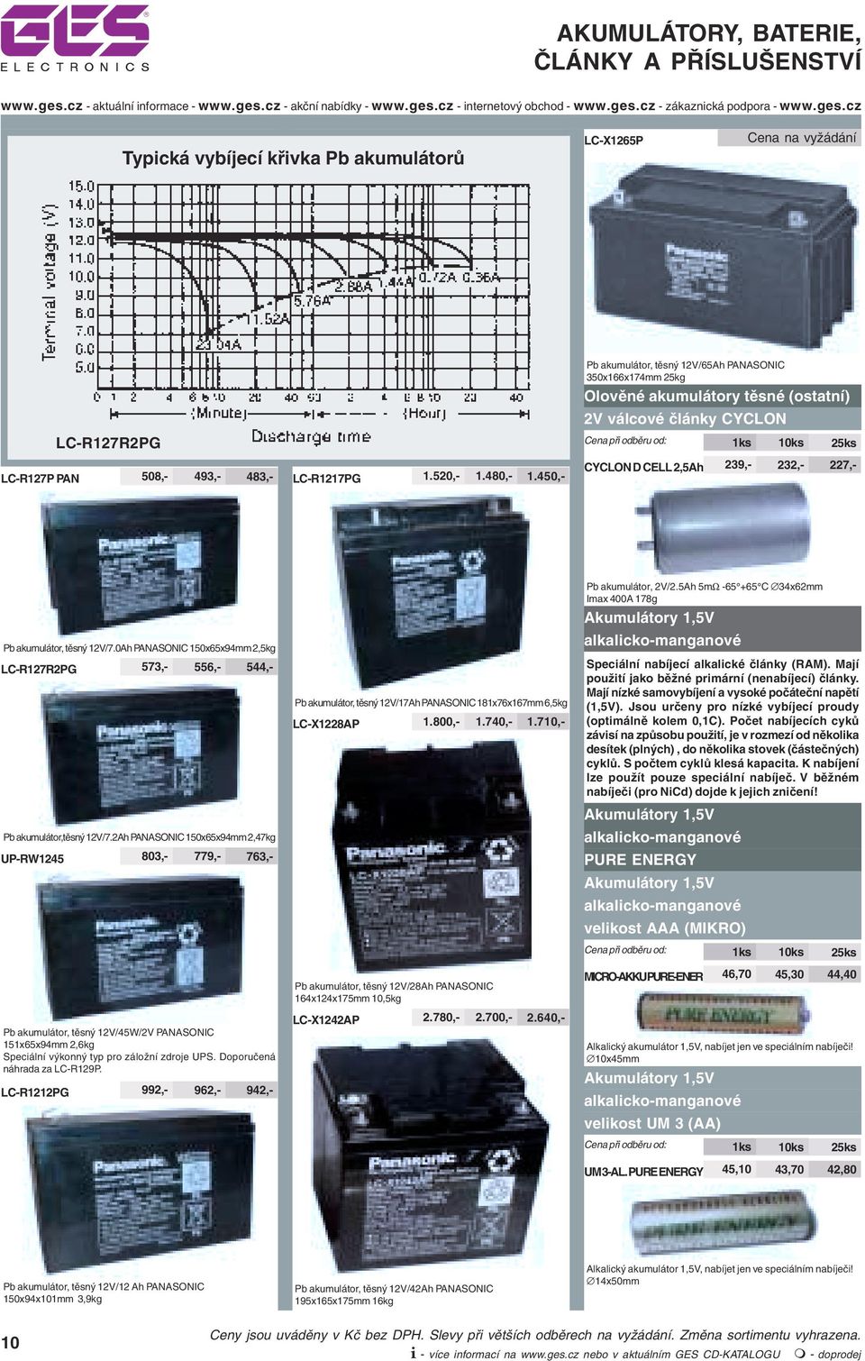 0Ah PANASONIC 150x65x94mm 2,5kg LC-R127R2PG 573,- 556,- 544,- Pb akumulátor,těsný 12V/7.