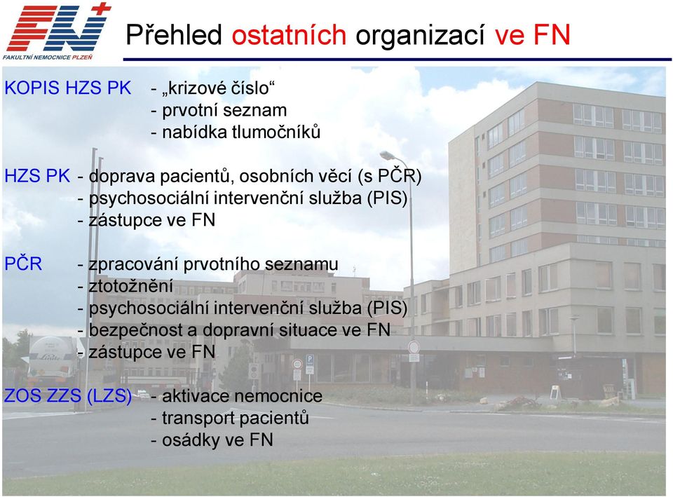 FN PČR -zpracování prvotního seznamu -ztotožnění -psychosociální intervenční služba (PIS) -bezpečnost