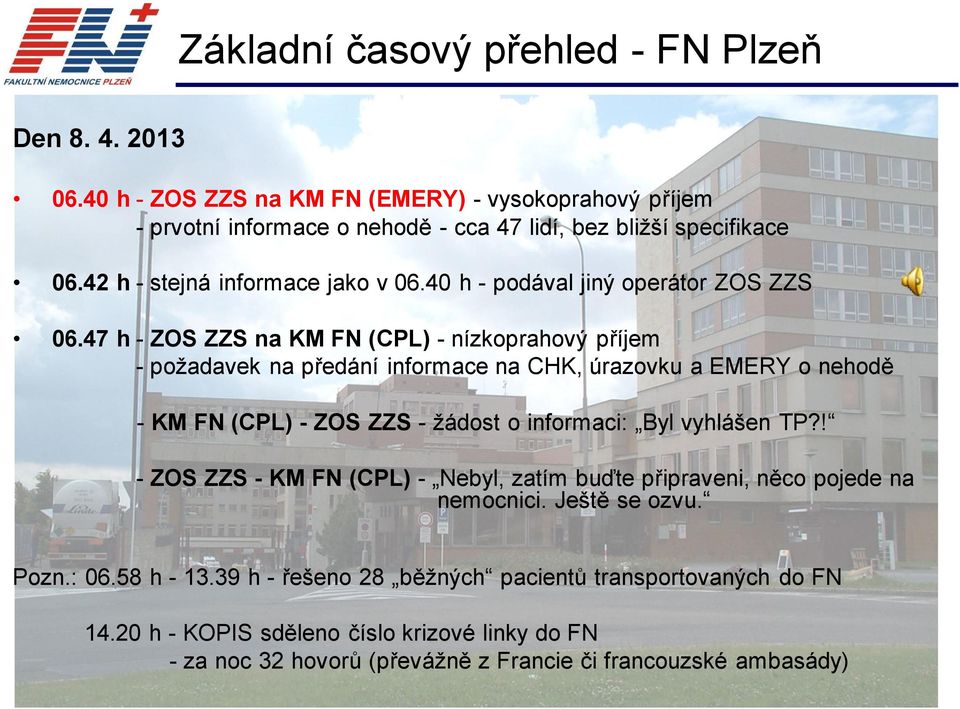 47 h - ZOS ZZS na KM FN (CPL) - nízkoprahový příjem -požadavek na předání informace na CHK, úrazovku a EMERY o nehodě - KM FN (CPL) - ZOS ZZS -žádost o informaci: Byl vyhlášen TP?