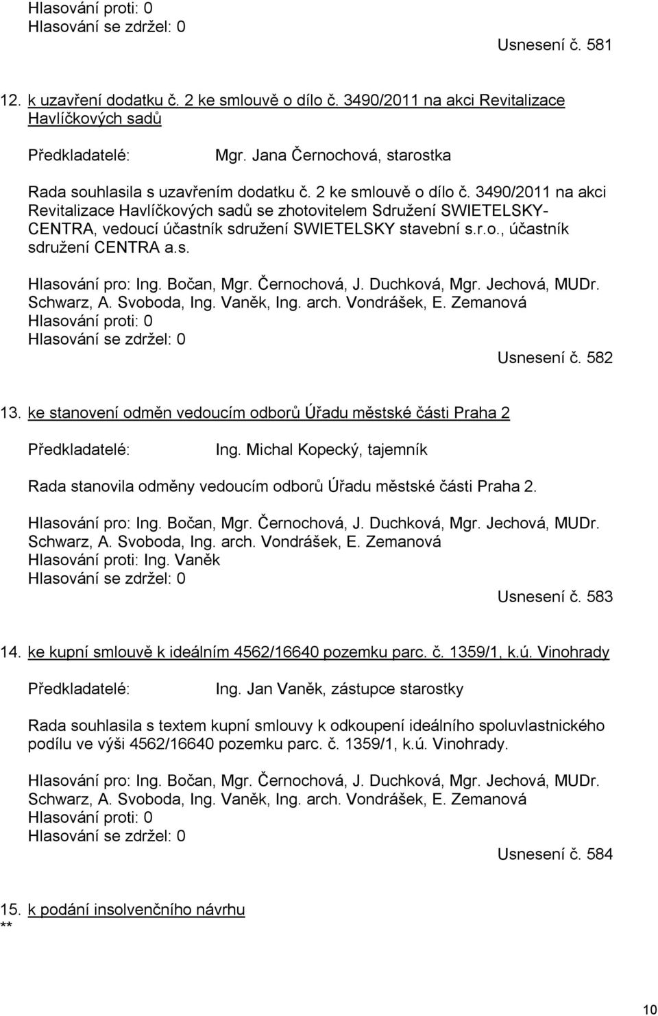 3490/2011 na akci Revitalizace Havlíčkových sadů se zhotovitelem Sdružení SWIETELSKY- CENTRA, vedoucí účastník sdružení SWIETELSKY stavební s.r.o., účastník sdružení CENTRA a.s. Hlasování pro: Ing.