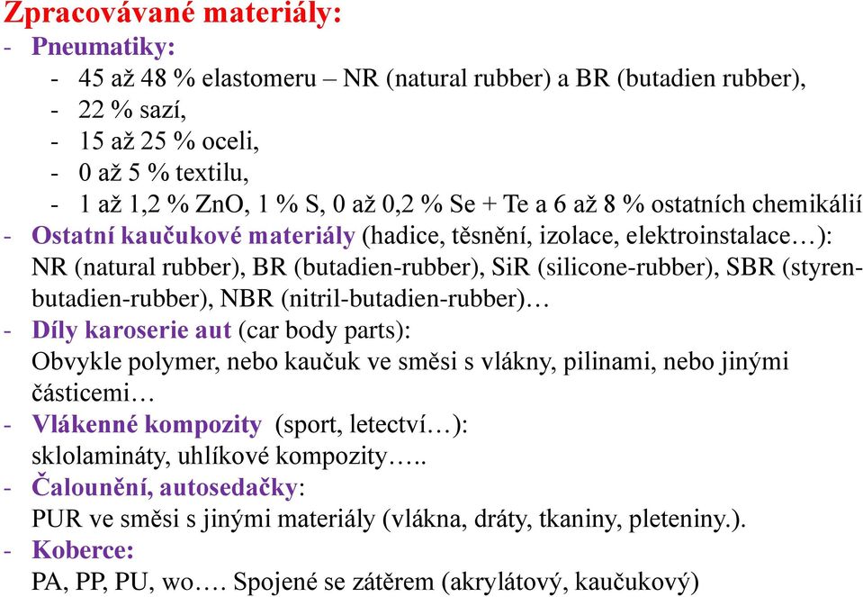 (styrenbutadien-rubber), NBR (nitril-butadien-rubber) - Díly karoserie aut (car body parts): Obvykle polymer, nebo kaučuk ve směsi s vlákny, pilinami, nebo jinými částicemi - Vlákenné kompozity