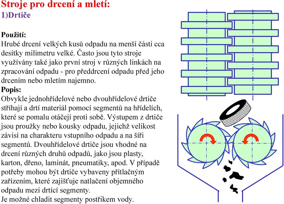 Popis: Obvykle jednohřídelové nebo dvouhřídelové drtiče stříhají a drtí materiál pomocí segmentů na hřídelích, které se pomalu otáčejí proti sobě.