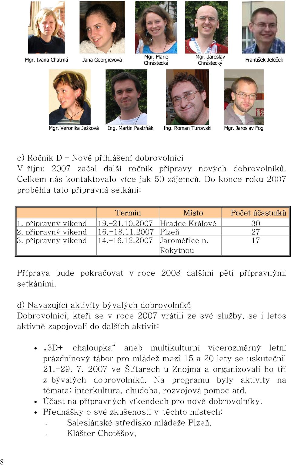 Do konce roku 2007 proběhla tato přípravná setkání: Termín Místo Počet účastníků 1. přípravný víkend 19. 21.10.2007 Hradec Králové 30 2. přípravný víkend 16.-18.11.2007 Plzeň 27 3.