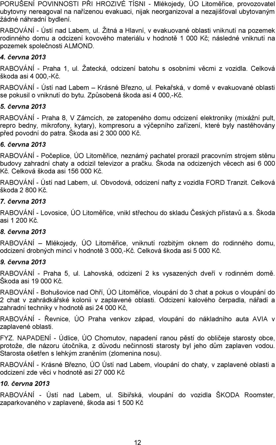 Žitná a Hlavní, v evakuované oblasti vniknutí na pozemek rodinného domu a odcizení kovového materiálu v hodnotě 1 000 Kč; následné vniknutí na pozemek společnosti ALMOND. 4.