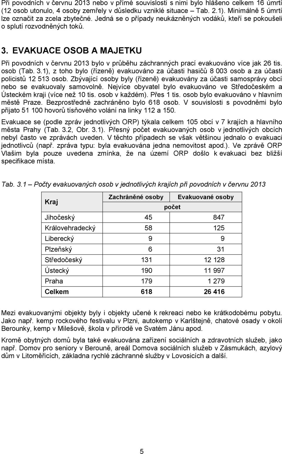 EVAKUACE OSOB A MAJETKU Při povodních v červnu 2013 bylo v průběhu záchranných prací evakuováno více jak 26 tis. osob (Tab. 3.