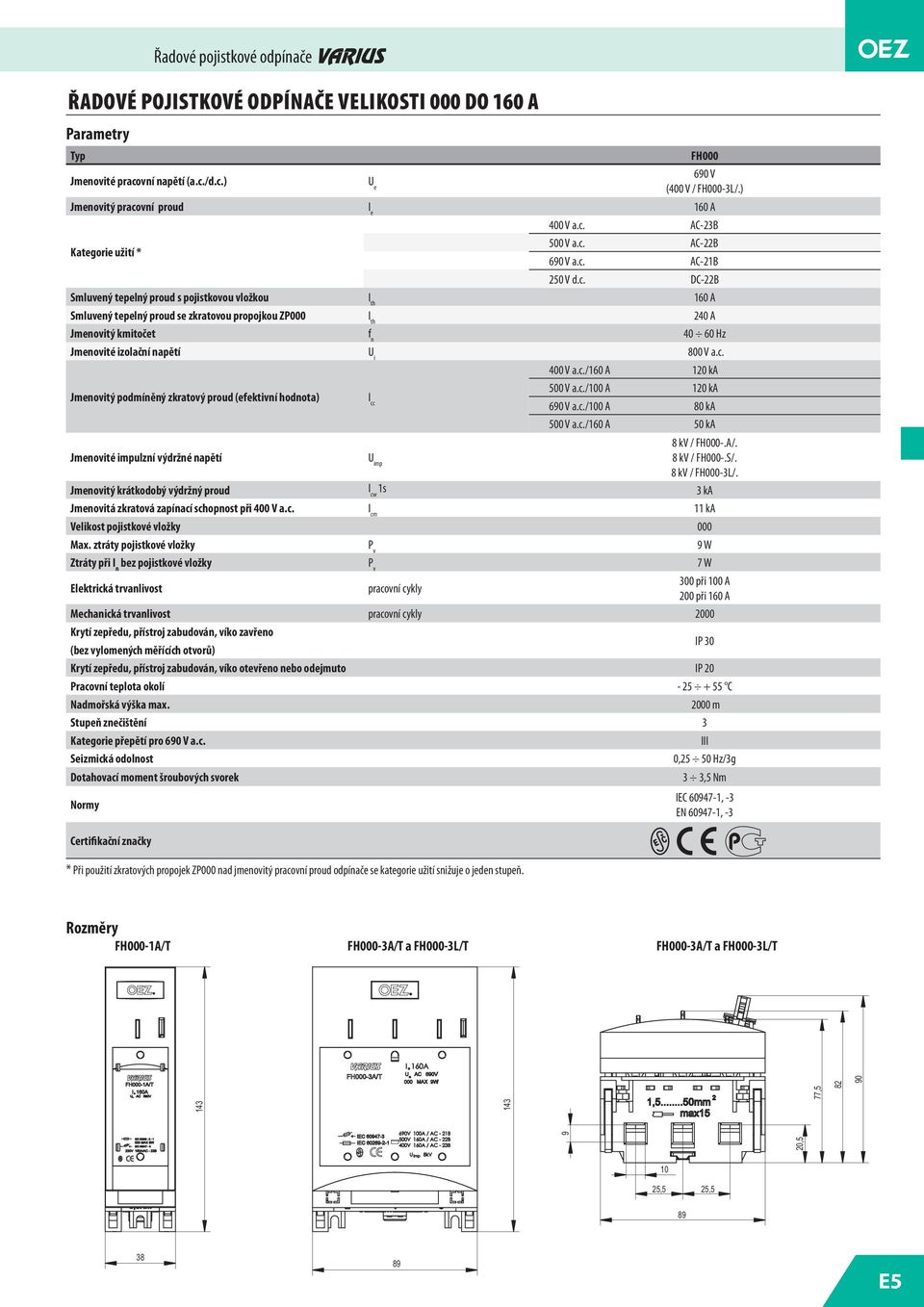 c. 400 V a.c./160 A 120 ka Jmenovitý podmíněný zkratový proud (efektivní hodnota) I cc 500 V a.c./100 A 120 ka 690 V a.c./100 A 80 ka 500 V a.c./160 A 50 ka Jmenovité impulzní výdržné napětí U imp 8 kv / FH000-.