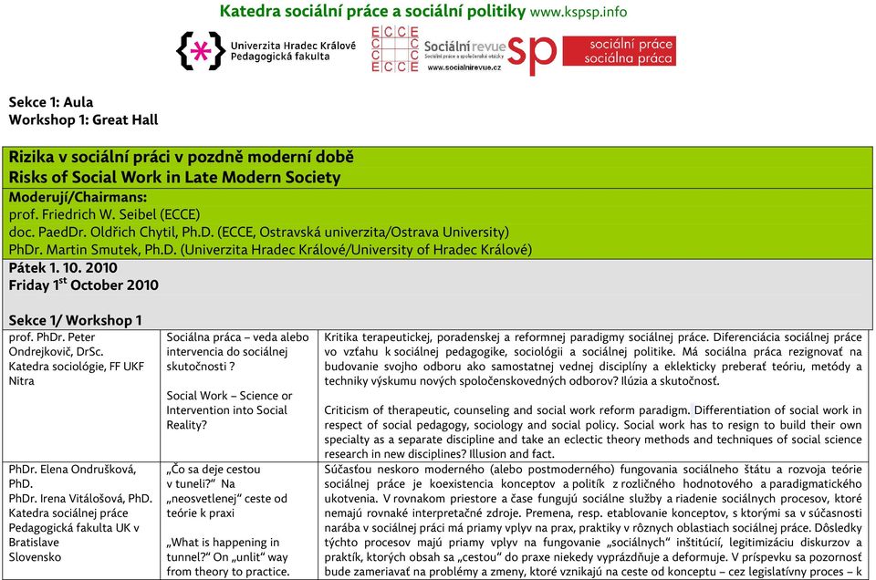 2010 Friday 1 st October 2010 Sekce 1/ Workshop 1 prof. PhDr. Peter Ondrejkovič, DrSc. Katedra sociológie, FF UKF Nitra PhDr. Elena Ondrušková, PhD. PhDr. Irena Vitálošová, PhD.