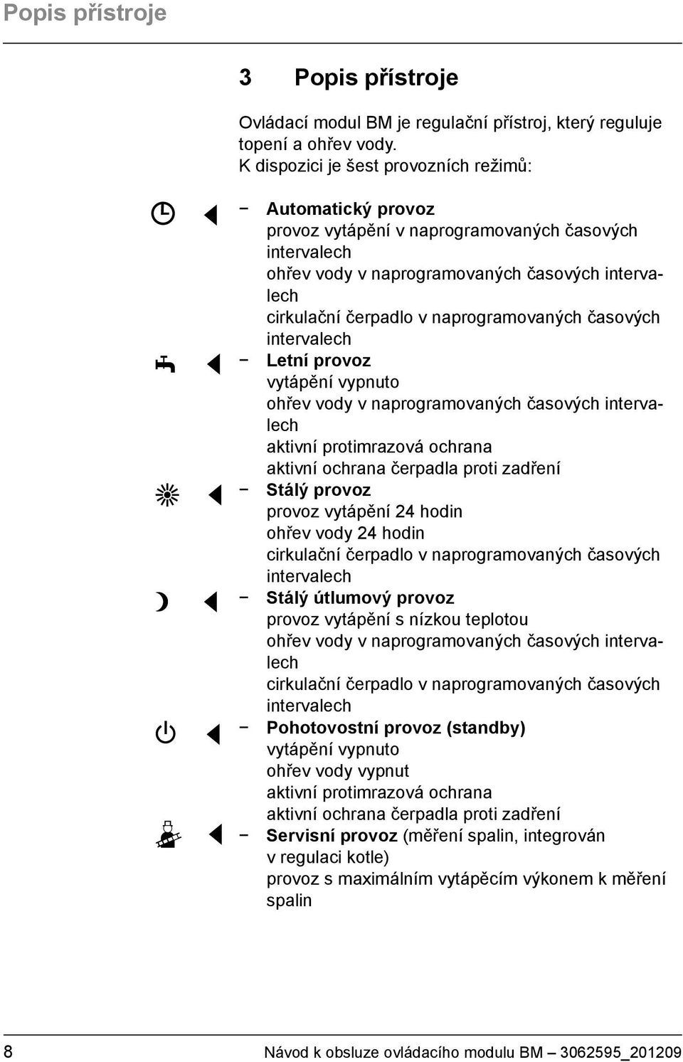 naprogramovaných časových intervalech Letní provoz vytápění vypnuto ohřev vody v naprogramovaných časových intervalech aktivní protimrazová ochrana aktivní ochrana čerpadla proti zadření Stálý provoz