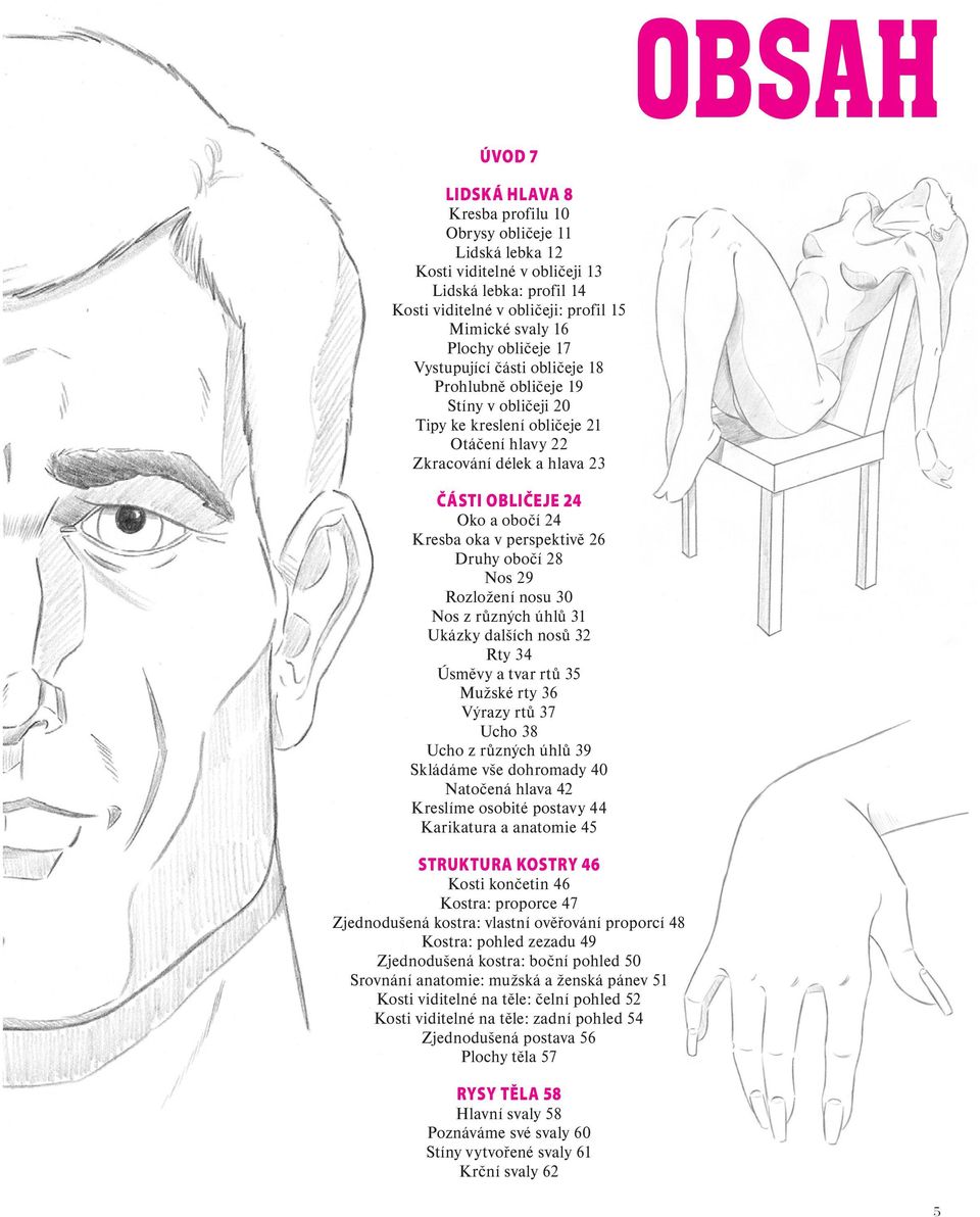 oka v perspektivě 26 Druhy obočí 28 Nos 29 Rozložení nosu 30 Nos z různých úhlů 31 Ukázky dalších nosů 32 Rty 34 Úsměvy a tvar rtů 35 Mužské rty 36 Výrazy rtů 37 Ucho 38 Ucho z různých úhlů 39