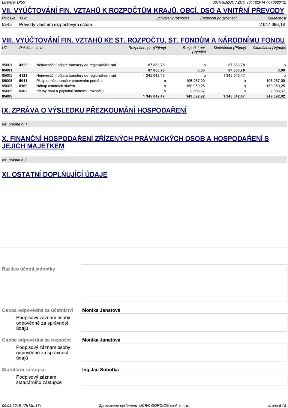 (Výdaje) Skutečnost (Příjmy) Skutečnost (Výdaje) 85001 4123 Neinvestiční přijaté transfery od regionálních rad 87 833,78 x 87 833,78 x 85001 87 833,78 0,00 87 833,78 0,00 85005 4123 Neinvestiční