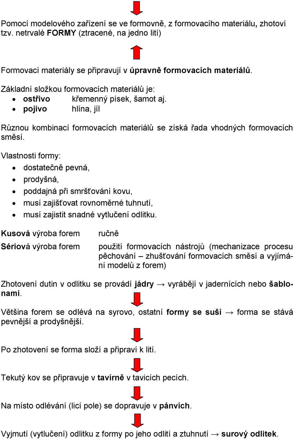 Vlastnosti formy: dostatečně pevná, prodyšná, poddajná při smršťování kovu, musí zajišťovat rovnoměrné tuhnutí, musí zajistit snadné vytlučení odlitku.