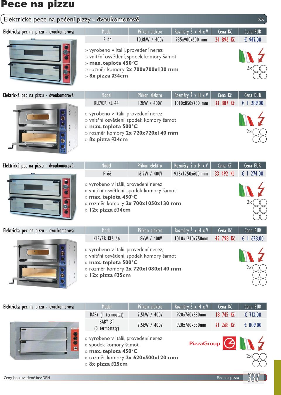 teplota 500 C rozměr komory 720x720x140 mm 8x pizza Ø34cm F 66 16,2W / 400V 935x1250x600 mm 33 492 Kč 1 274,00 vnitřní osvětlení, spodek komory šamot rozměr komory 700x1050x130 mm 1 pizza Ø34cm