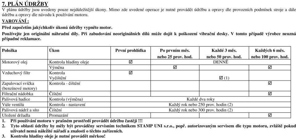 VAROVÁNÍ : Před započetím jakýchkoliv úkonů údržby vypněte motor. Používejte jen originální náhradní díly. Při zabudování neoriginálních dílů může dojít k poškození vibrační desky.