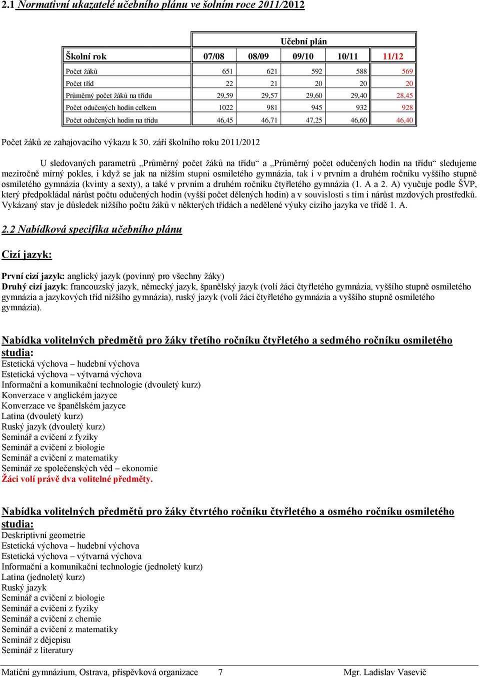 září školního roku 2011/2012 U sledovaných parametrů Průměrný počet žáků na třídu a Průměrný počet odučených hodin na třídu sledujeme meziročně mírný pokles, i když se jak na nižším stupni osmiletého