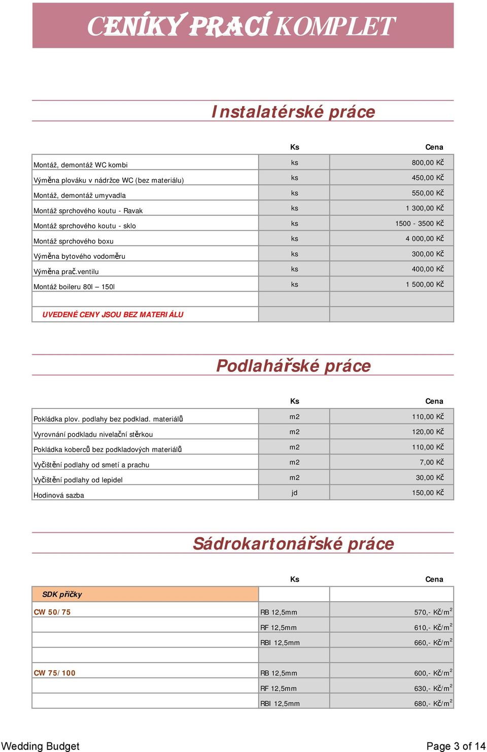 ventilu ks 400,00 Kč Montáž boileru 80l 150l ks 1 500,00 Kč UVEDENÉ CENY JSOU BEZ MATERIÁLU Podlahářské práce Pokládka plov. podlahy bez podklad.