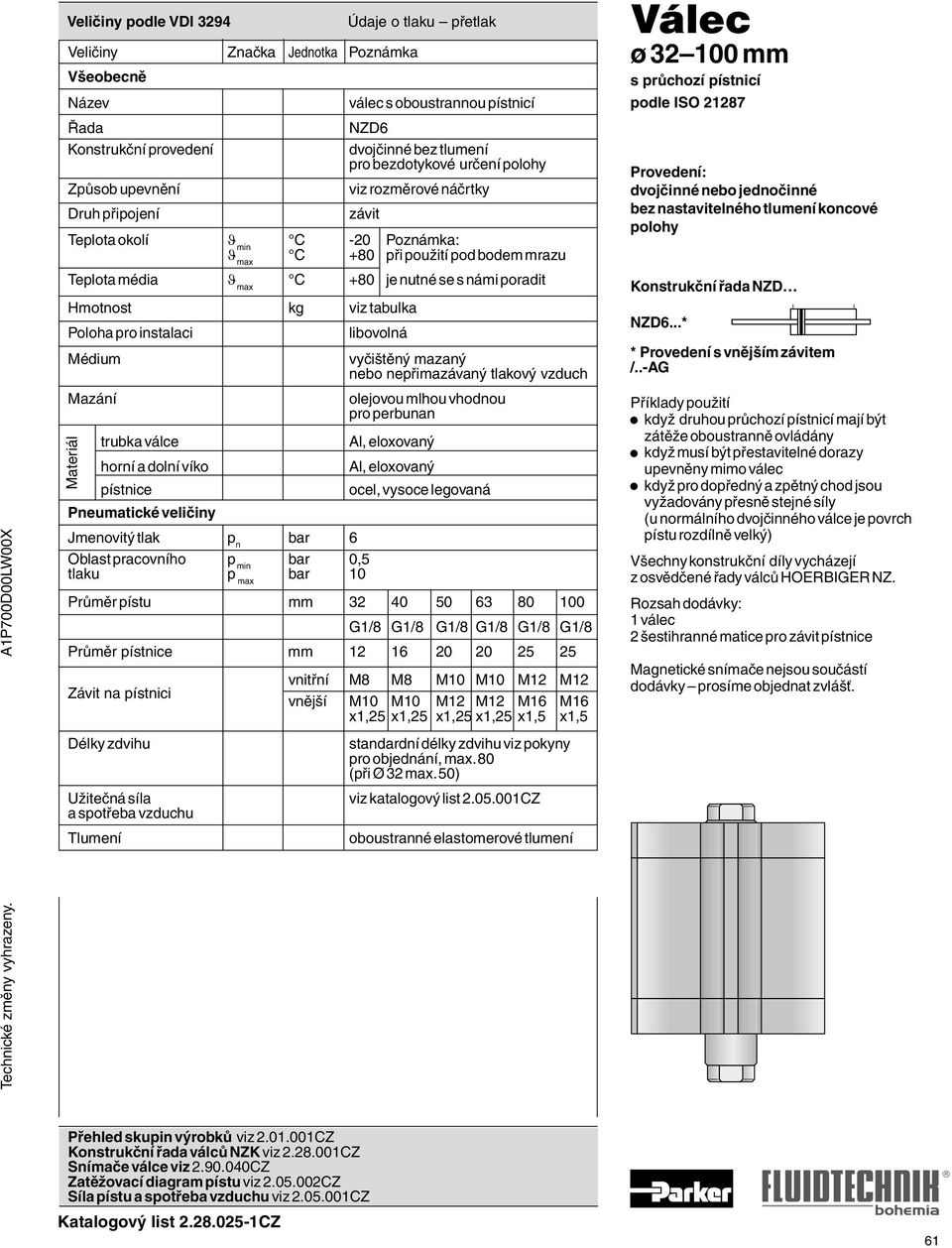 s námi poradit Hmotnost kg viz tabulka Poloha pro instalaci libovolná Médium vyčištěný mazaný nebo nepřimazávaný tlakový vzduch Mazání olejovou mlhou vhodnou pro perbunan trubka válce Al, eloxovaný