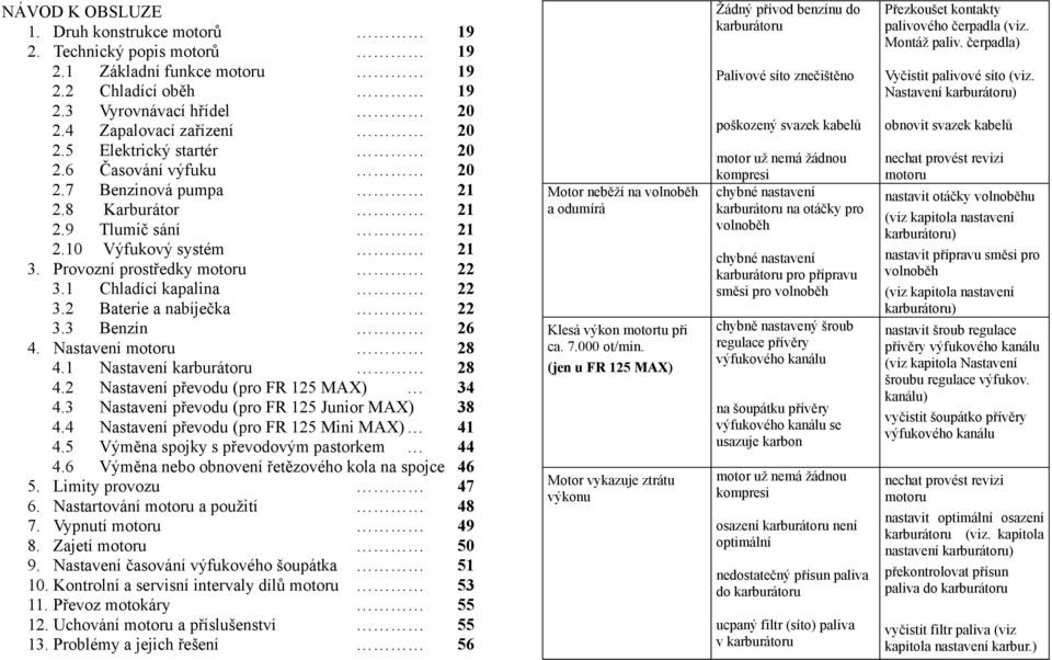 2 Baterie a nabíječka 22 3.3 Benzín 26 4. Nastavení motoru 28 4.1 Nastavení karburátoru 28 4.2 Nastavení převodu (pro FR 125 MAX) 34 4.3 Nastavení převodu (pro FR 125 Junior MAX) 38 4.