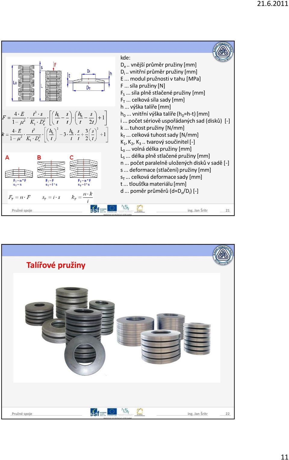 .. celková tuhost sady *N/mm+ K 1, K 2, K 3.. tvarový součinitel *-] L 0... volná délka pružiny *mm+ L S... délka plně stlačené pružiny *mm+ n.