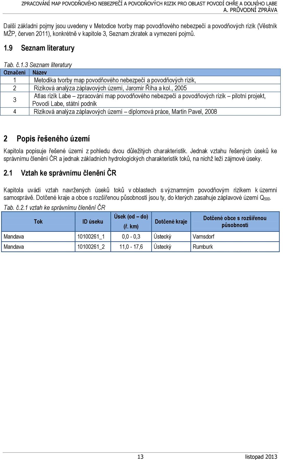 , 2005 Atlas rizik Labe zpracování map povodňového nebezpečí a povodňových rizik pilotní projekt, 3 Povodí Labe, státní podnik 4 Riziková analýza záplavových území diplomová práce, Martin Pavel, 2008