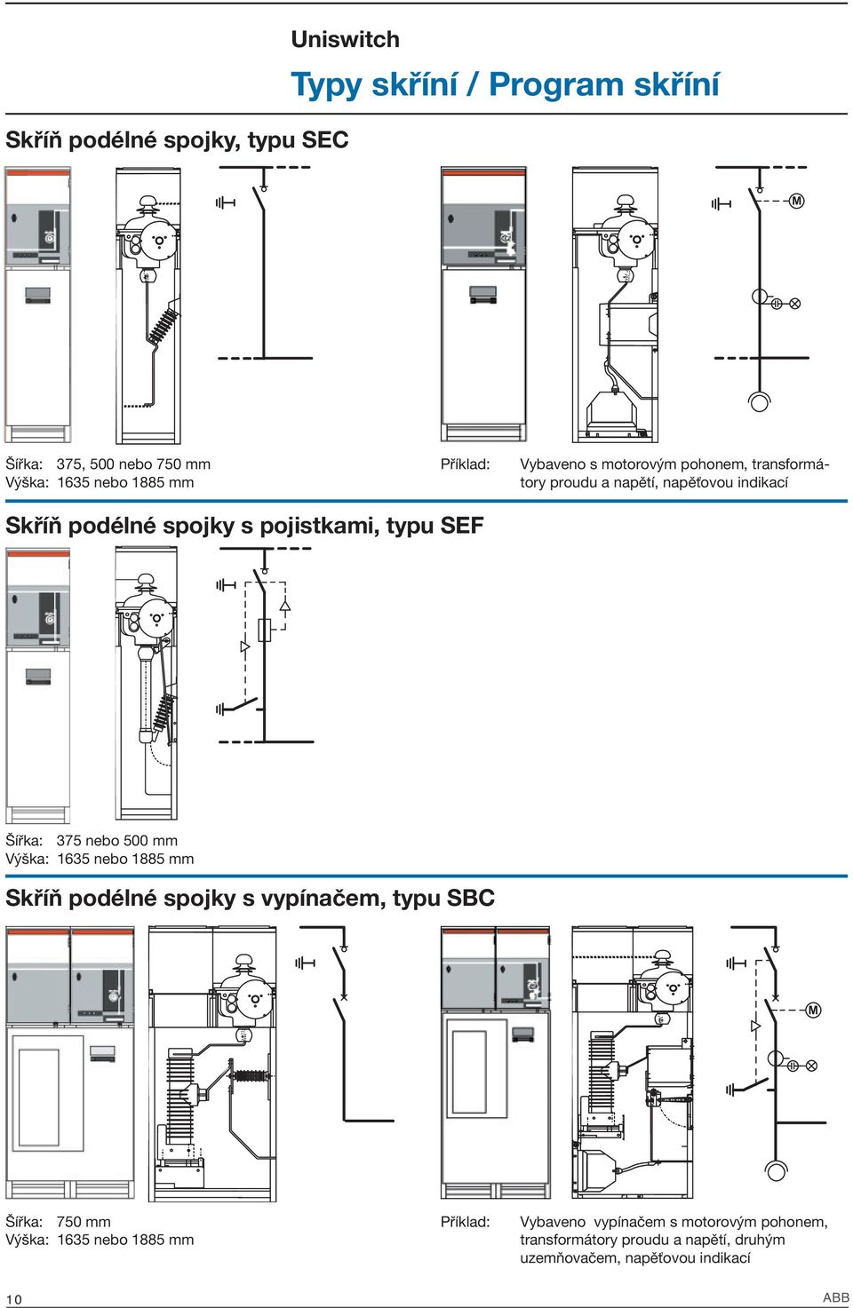 Šířka: 375 nebo 500 mm Výška: 1635 nebo 1885 mm Skříň podélné spojky s vypínačem, typu SBC Šířka: 750 mm Výška: 1635 nebo