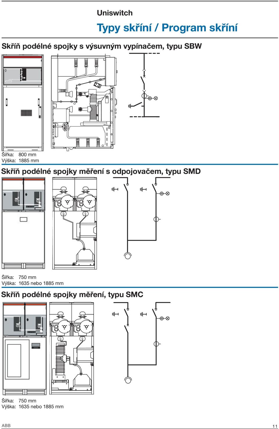 měření s odpojovačem, typu SMD Šířka: 750 mm Výška: 1635 nebo 1885 mm